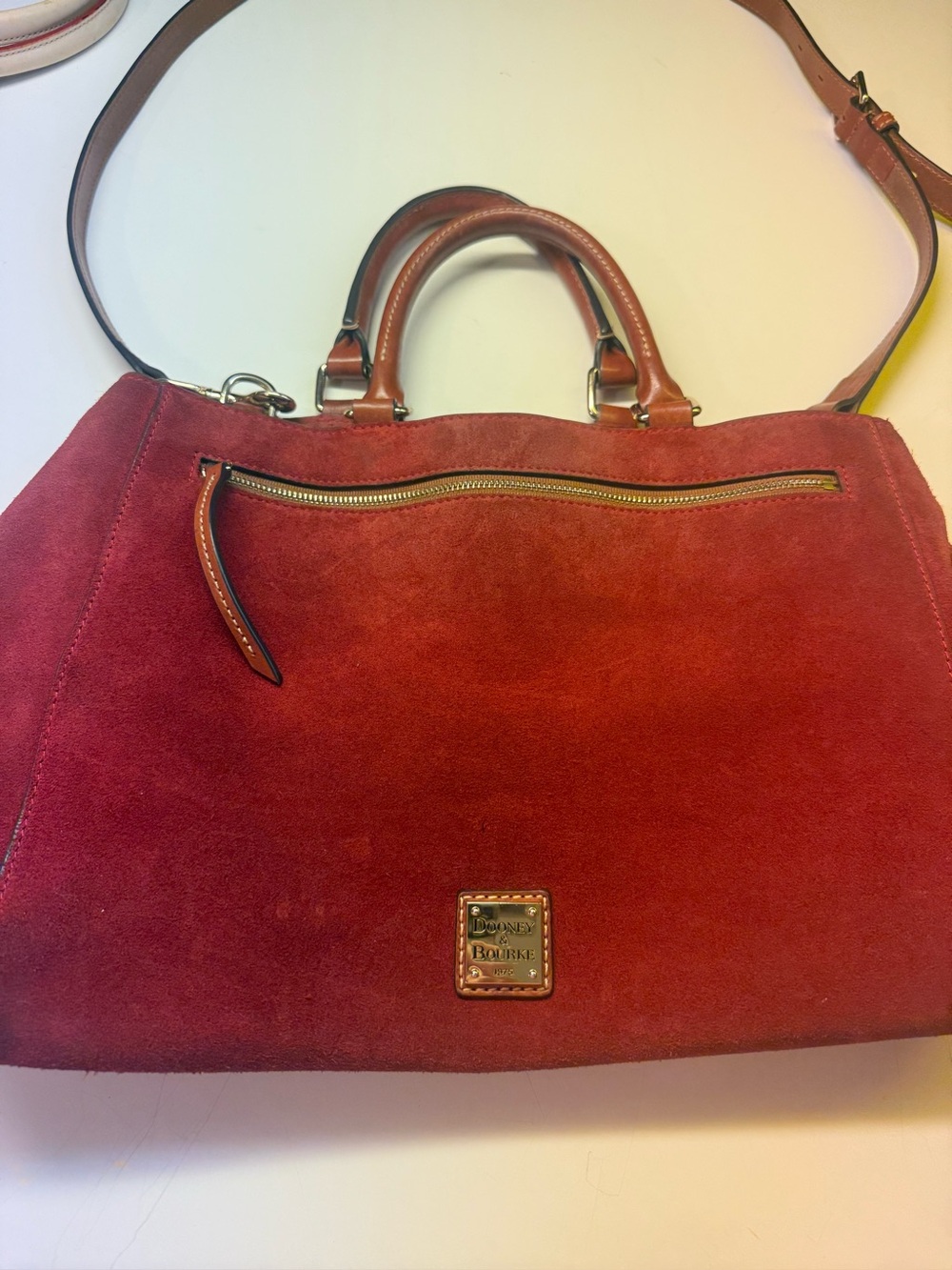 Red Suede Satchel Handbag – Cognac Leather Trim